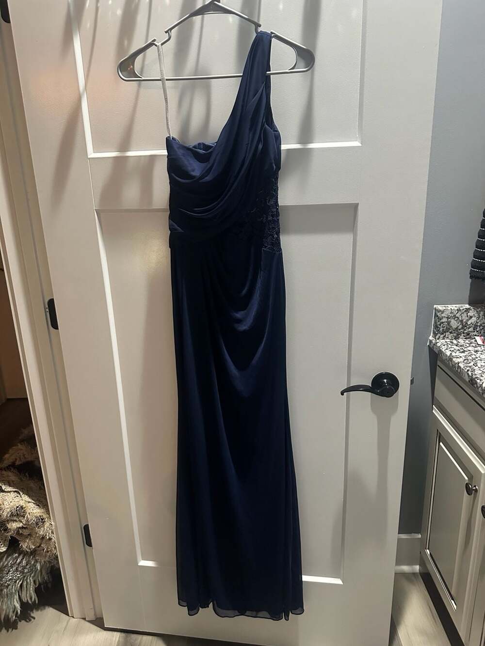 David's Bridal One Shoulder Mesh with Lace Evening Gown